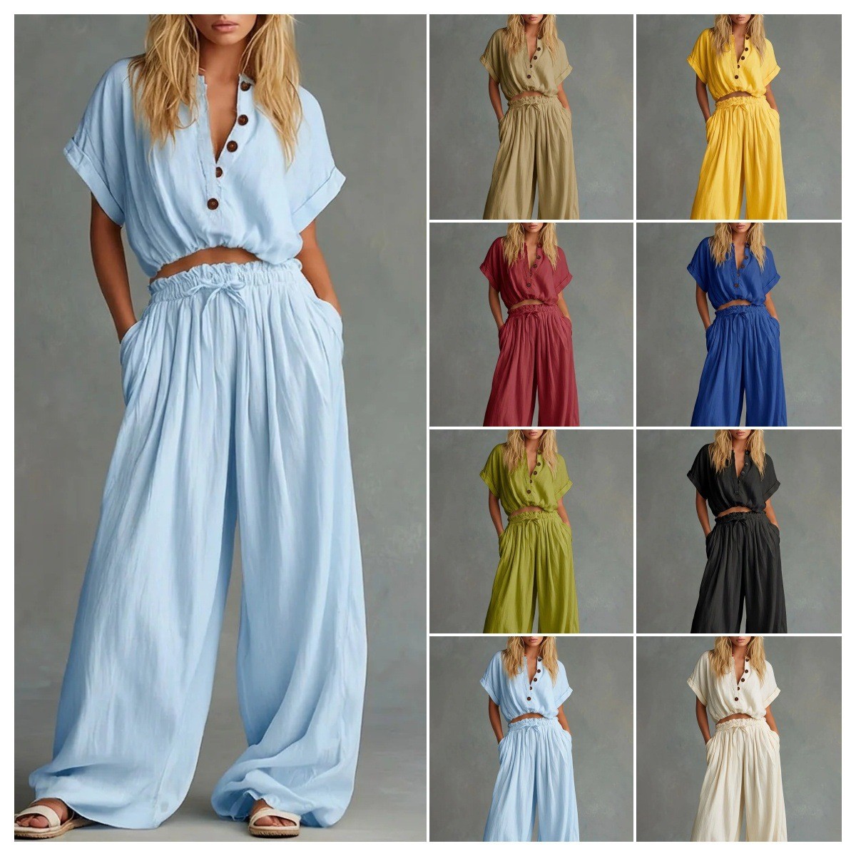 Crop Blouse Linen - 여성용 블라우스 2종 세트, 캡 슬리브