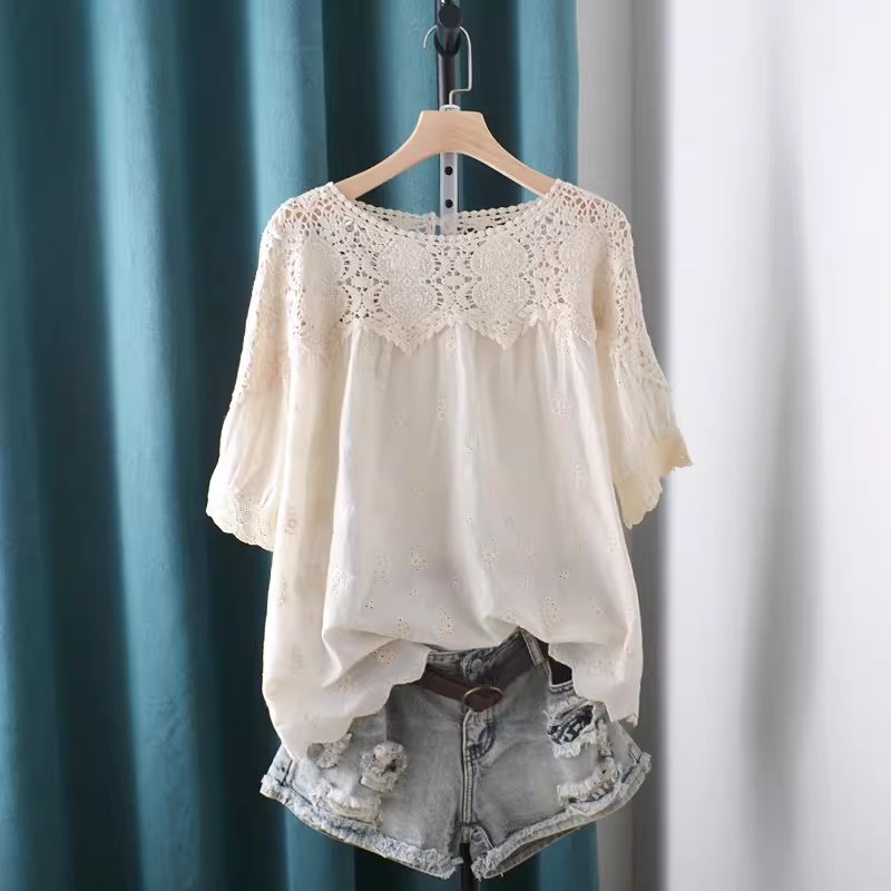 Japan Summer Clothing Women - 2026 속이 비치는 레이스 패치워크 셔츠와