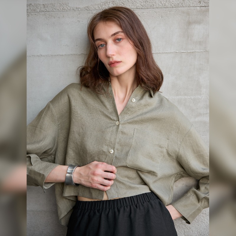 Crop Blouse Linen - 화이트 셔츠 여성용 100% 린넨 긴팔