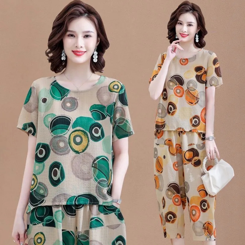 Summer Linen Clothing For Women - 여름용 반팔 티셔츠 세트, 어머니 코튼