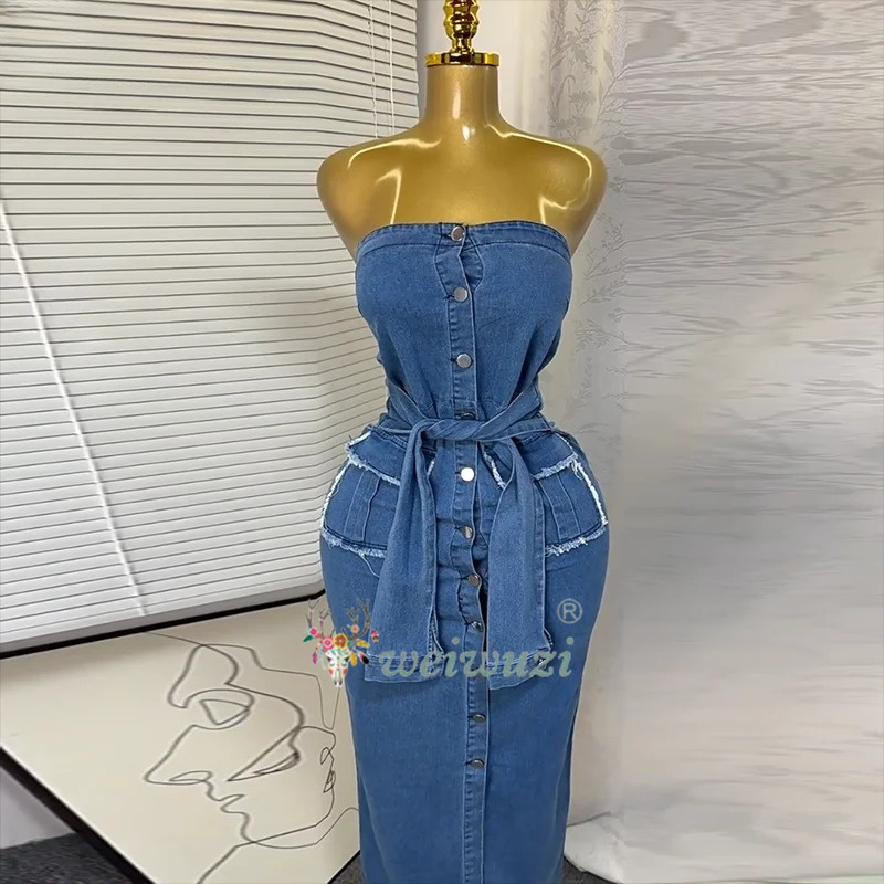 Summer Clothing Juniors - 2026 여성 레트로 스트랩리스 데님 드레스