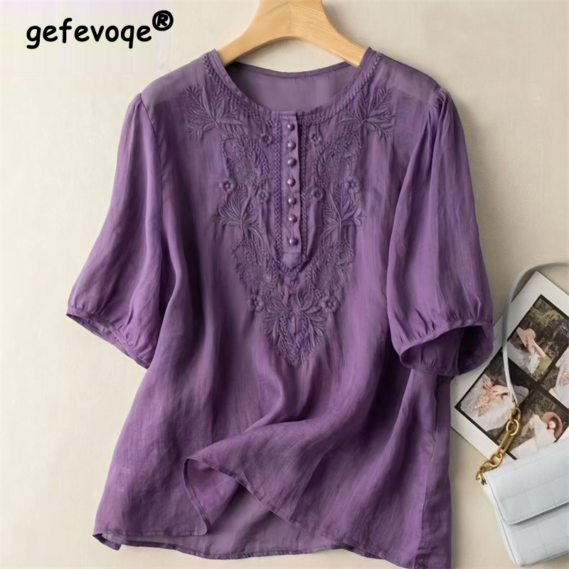 Summer Linen Clothing For Women - 여성용 빈티지 에스닉 스타일 자수 코튼