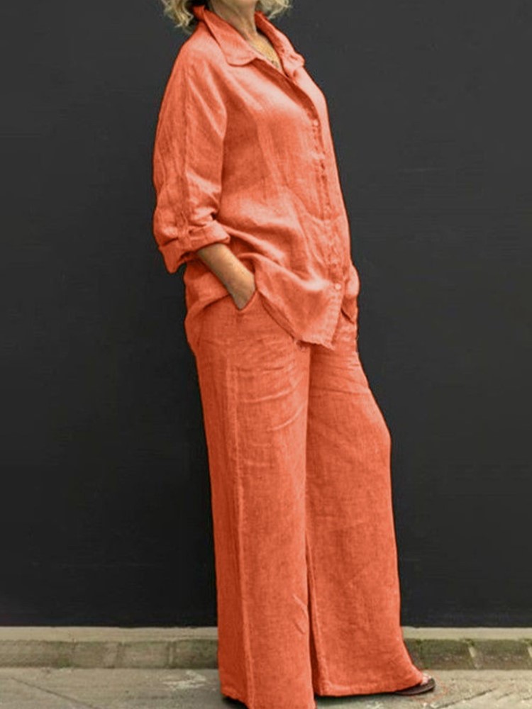 Summer Linen Clothing For Women - 여성용 빈티지 긴팔 버튼 투피스 세트,