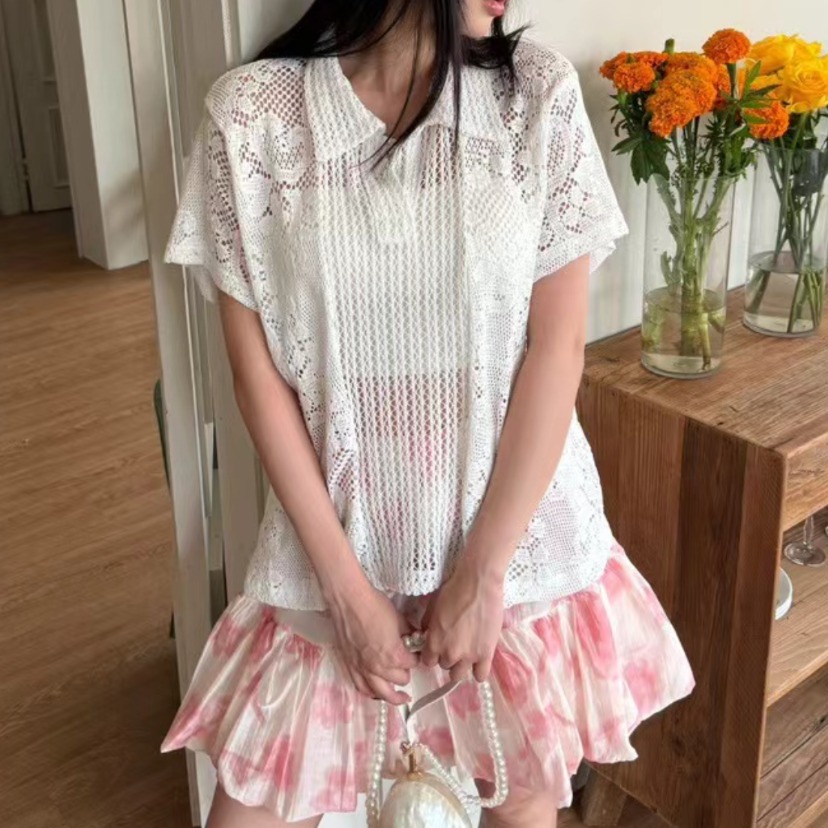 Summer Clothing Online Shopping - 레트로 칼라 레이스 셔츠 여성용 코튼