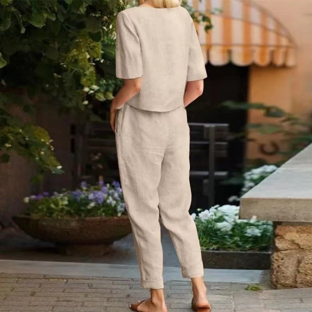 Summer Linen Clothing For Women - 반팔 여성 코튼 린넨 슈트 라운드넥