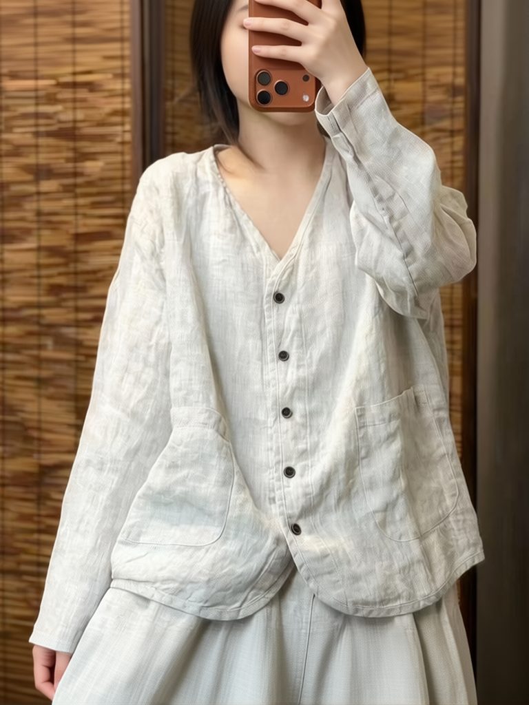 Crop Blouse Linen - 에스테틱 에스닉 코튼 린넨 셔츠 여성