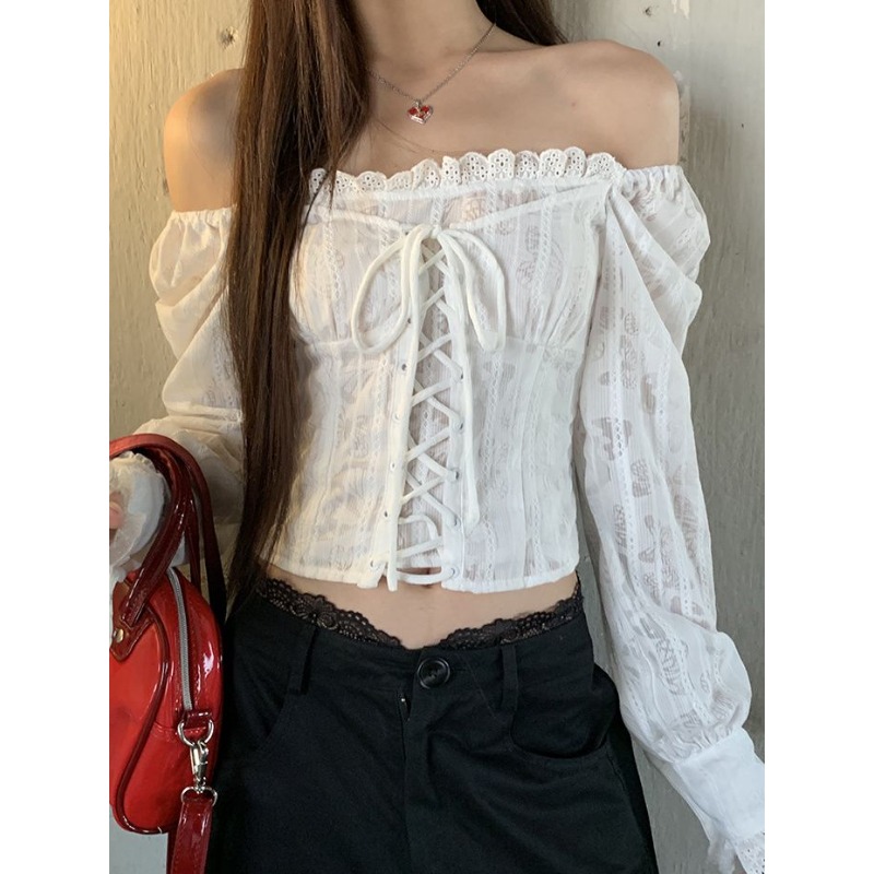 Summer Clothing Aesthetic - Deeptown 화이트 레이스 업 자른 여성