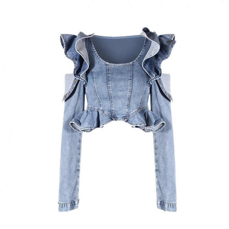 패션 러플 긴팔 데님 탑 콜드 숄더 크롭 블라우스 생일 - Crop Blouse Linen 리뷰 및 가격