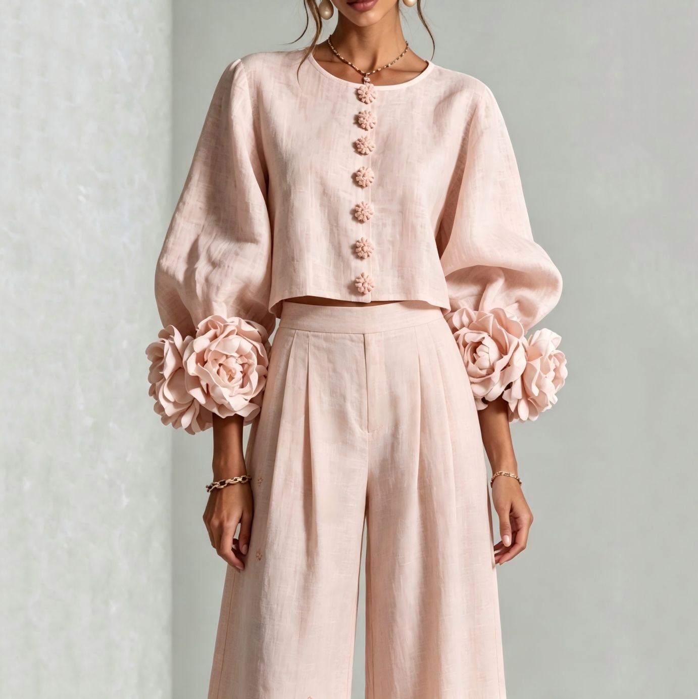 여성 린넨 크롭탑 투피스 세트 O넥 퍼프 롱 슬리브 3 - Crop Blouse Linen 리뷰 및 가격