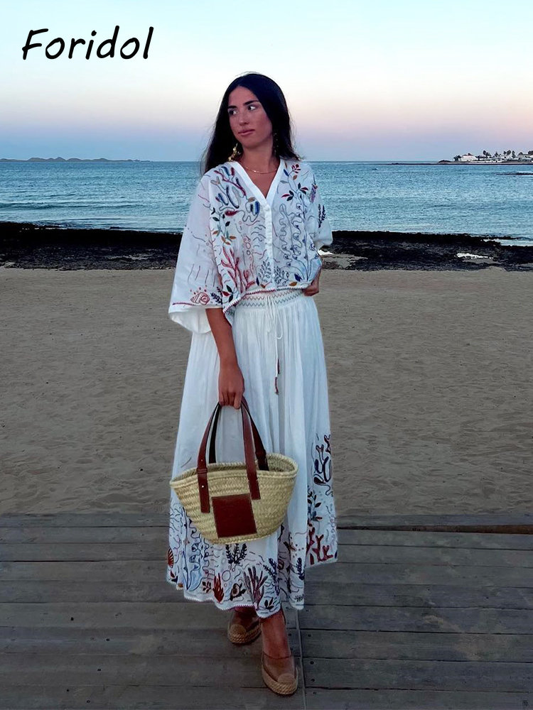 Foridol 해양 생물 자수 배트 윙 슬리브 맥시 스 - Summer Linen Clothing For Women 리뷰 및 가격