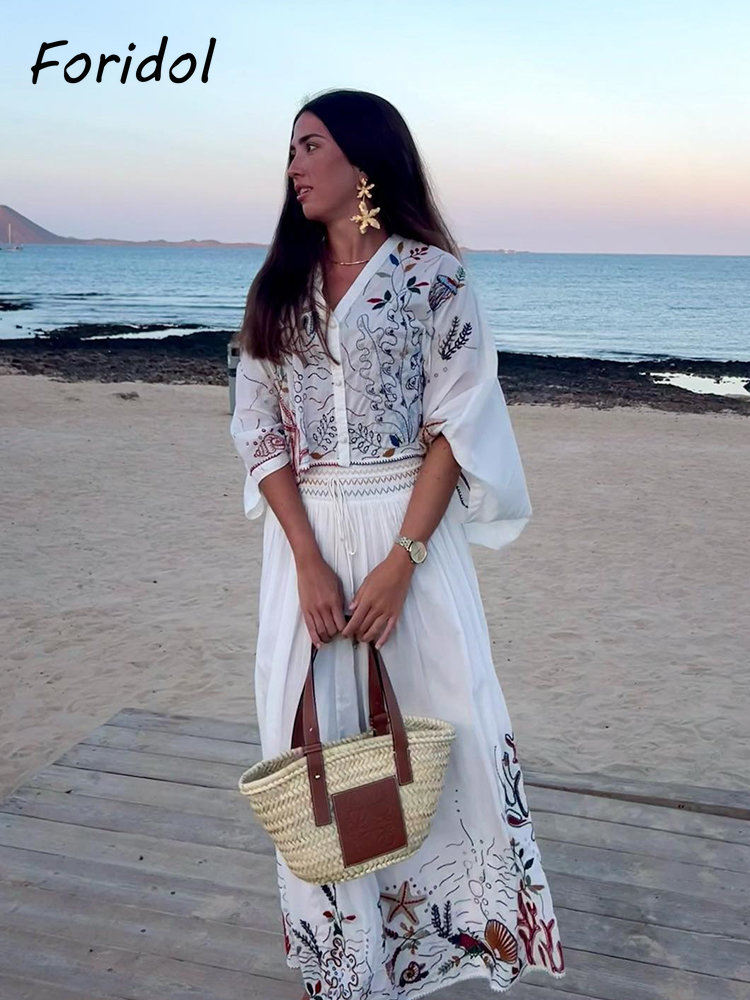 Foridol 해양 생물 자수 배트 윙 슬리브 맥시 스 - Summer Linen Clothing For Women 리뷰 및 가격