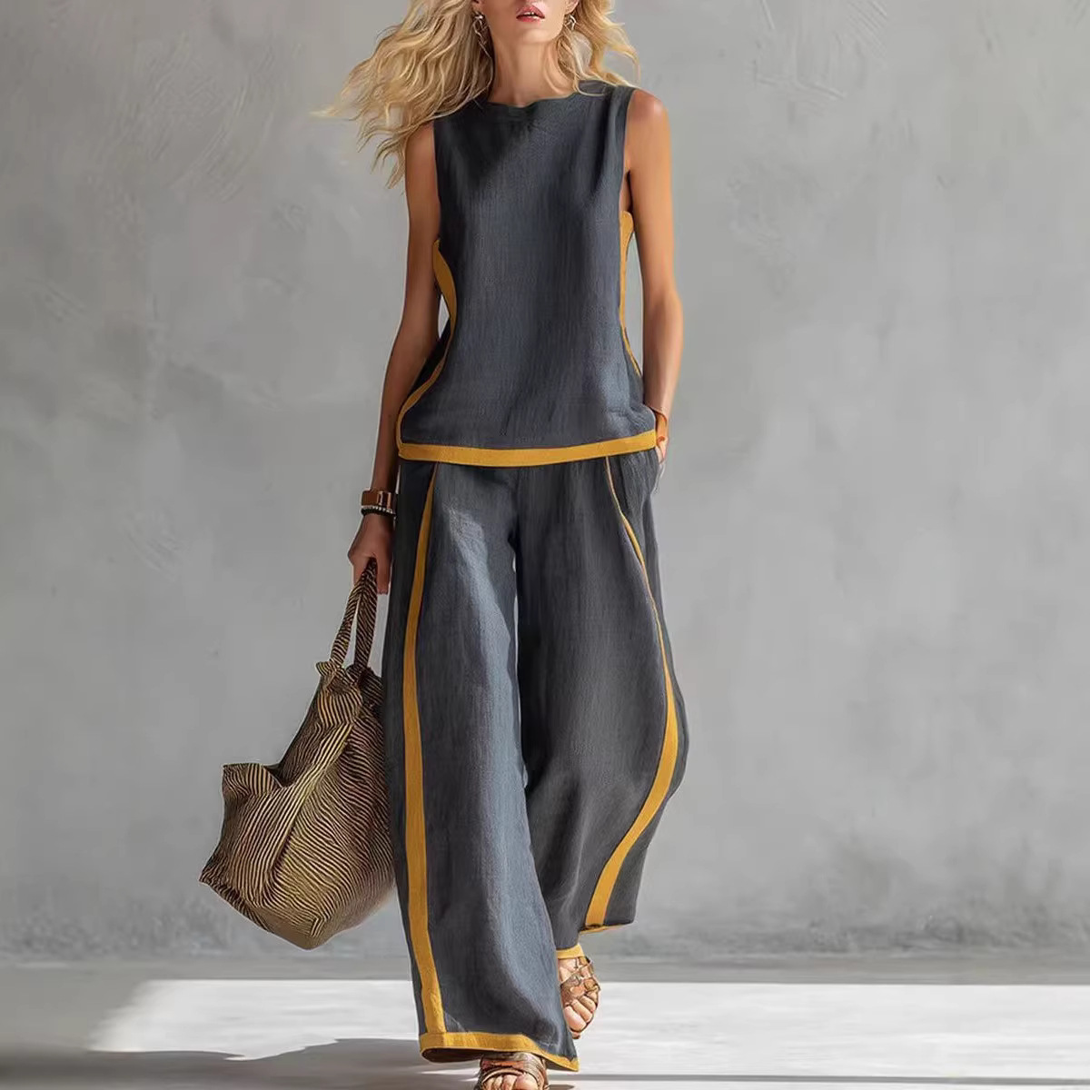 여성 린넨 투피스 세트 컬러 블록 민소매 O넥 탱크탑  - Summer Linen Clothing For Women 리뷰 및 가격
