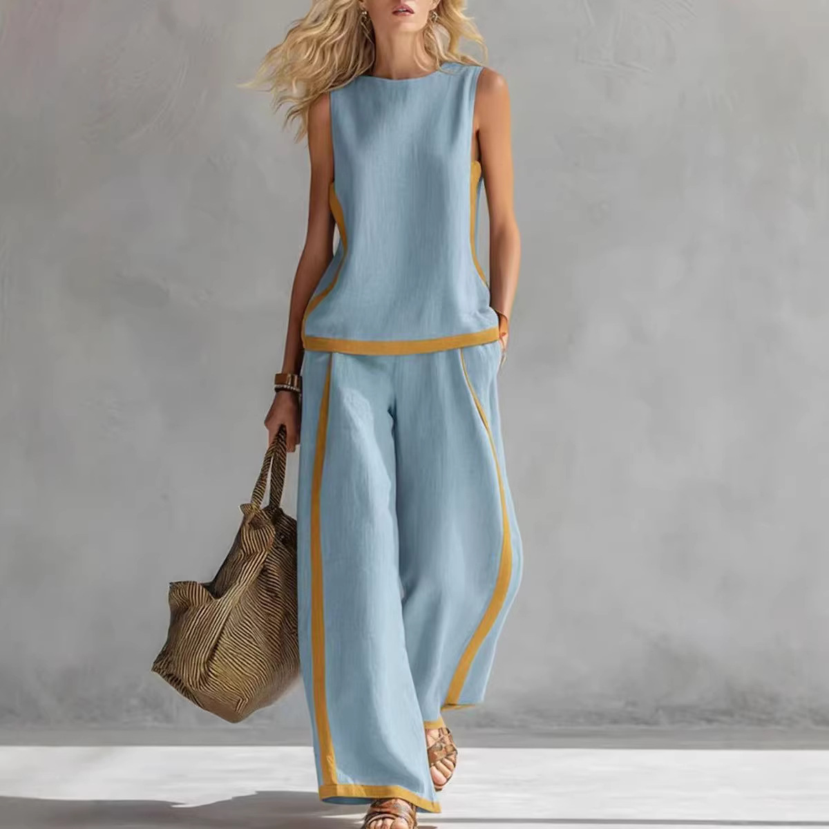 여성 린넨 투피스 세트 컬러 블록 민소매 O넥 탱크탑  - Summer Linen Clothing For Women 리뷰 및 가격
