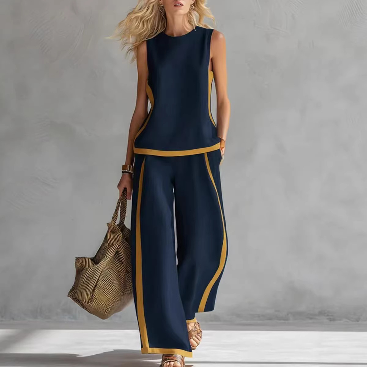 여성 린넨 투피스 세트 컬러 블록 민소매 O넥 탱크탑  - Summer Linen Clothing For Women 리뷰 및 가격