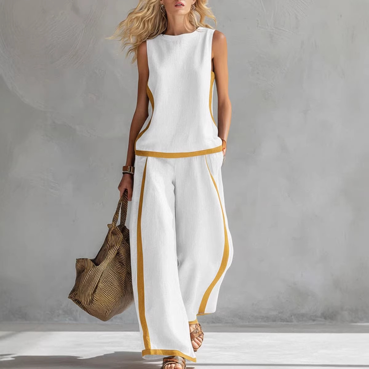 여성 린넨 투피스 세트 컬러 블록 민소매 O넥 탱크탑  - Summer Linen Clothing For Women 리뷰 및 가격