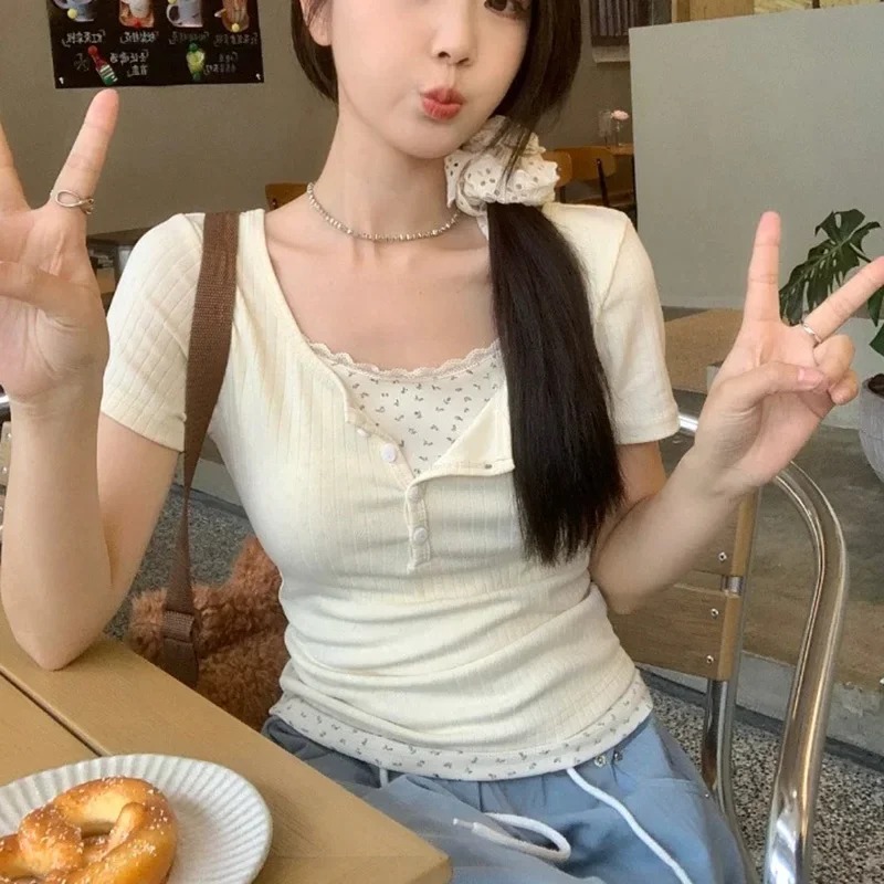 여성용 달콤한 레이스 트림 골지 니트 티셔츠 2026  - Crop Blouse Linen 리뷰 및 가격