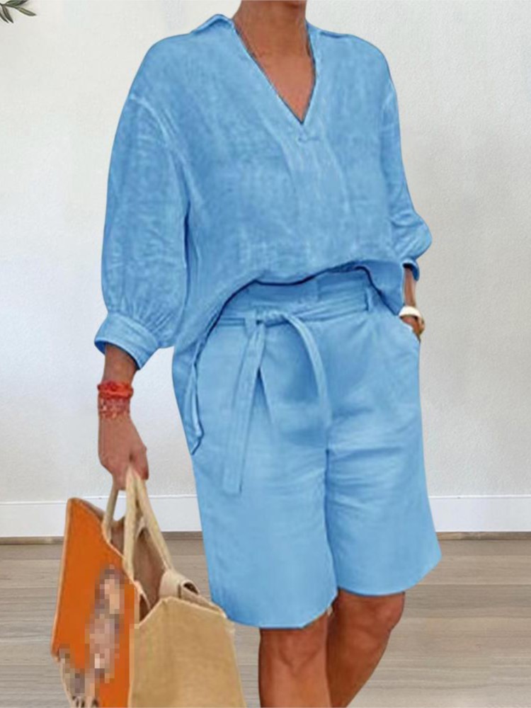 여성용 반팔 V넥 셔츠 및 포켓 벨트 반바지, 우아한  - Summer Linen Clothing For Women 리뷰 및 가격