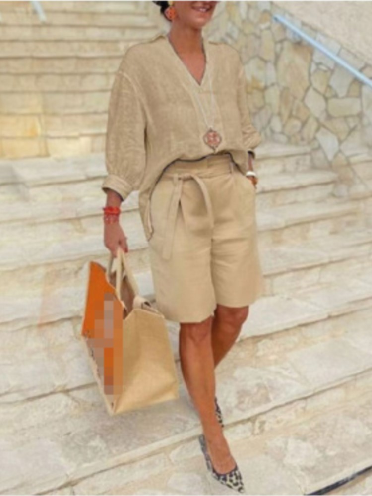 여성용 반팔 V넥 셔츠 및 포켓 벨트 반바지, 우아한  - Summer Linen Clothing For Women 리뷰 및 가격
