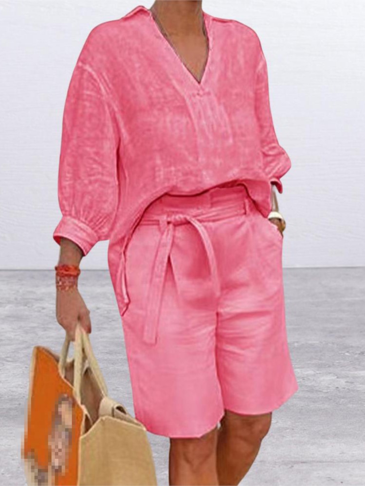 여성용 반팔 V넥 셔츠 및 포켓 벨트 반바지, 우아한  - Summer Linen Clothing For Women 리뷰 및 가격