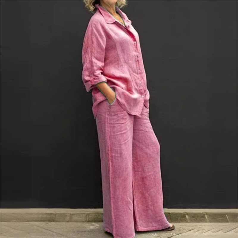 여성용 빈티지 긴팔 버튼 투피스 세트, 캐주얼 상의,  - Summer Linen Clothing For Women 리뷰 및 가격
