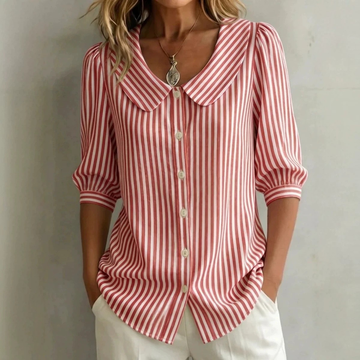 여성용 블라우스 반팔 스트라이프 리넨룩 블라우스 루즈핏 - Crop Blouse Linen 리뷰 및 가격