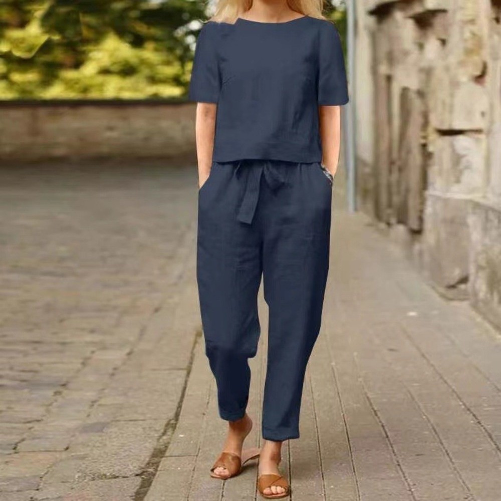 반팔 여성 코튼 린넨 슈트 라운드넥 와이드 팬츠 여름  - Summer Linen Clothing For Women 리뷰 및 가격