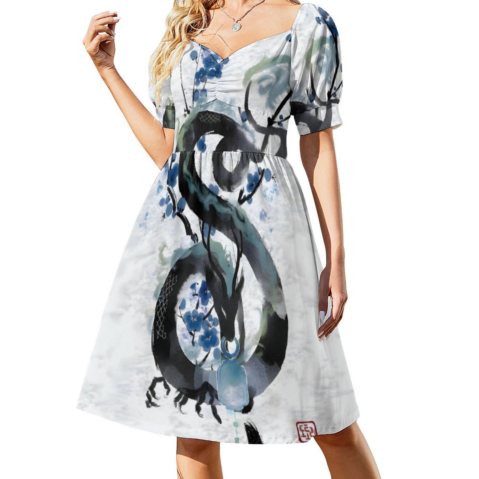 일본 블루 나이트 드래곤 잉크 워시 여성 스트리트웨어  - Japan Summer Clothing Women 리뷰 및 가격
