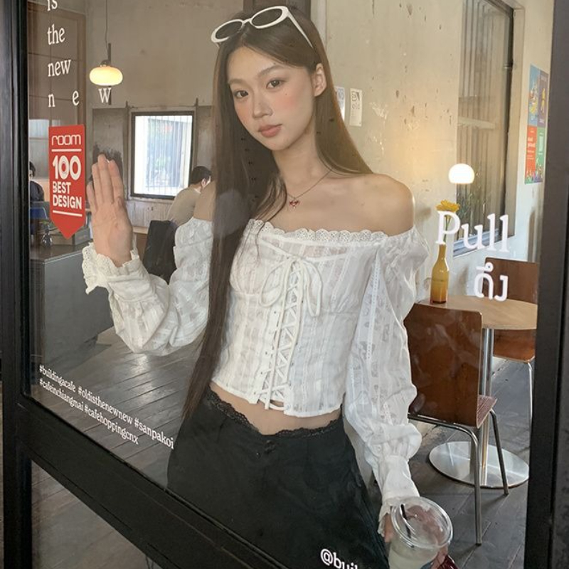 Deeptown 화이트 레이스 업 자른 여성 셔츠 레이 - Summer Clothing Aesthetic 리뷰 및 가격