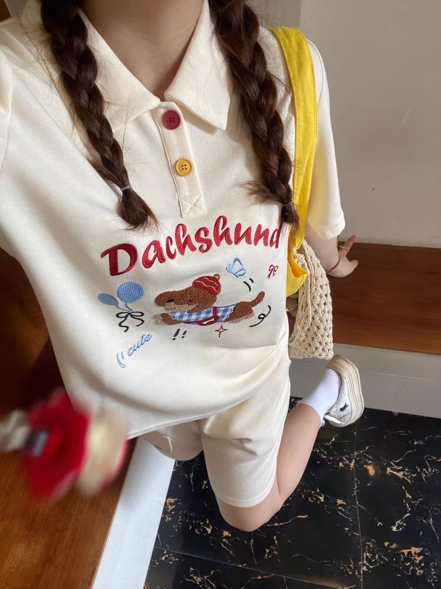 카와이 자수 개 일본 스타일 폴로 셔츠 2 피스 세트  - Japan Summer Clothing Women 리뷰 및 가격