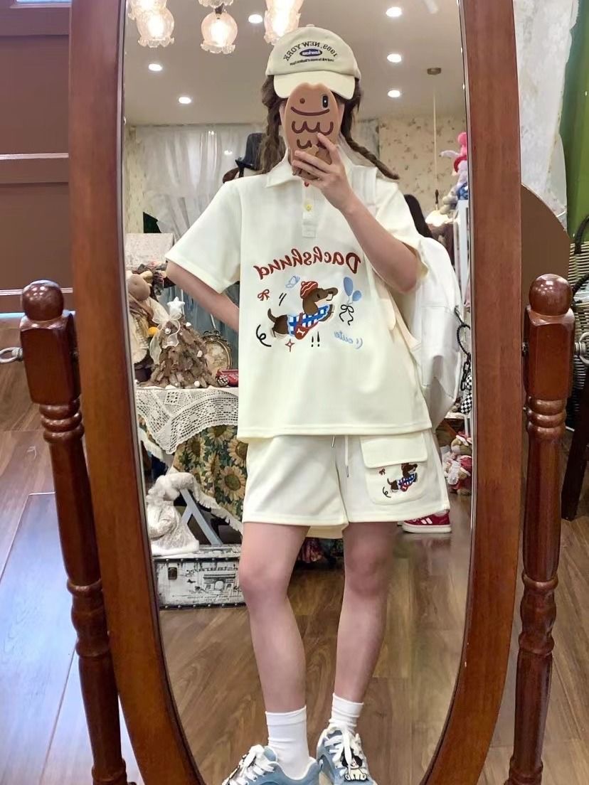 카와이 자수 개 일본 스타일 폴로 셔츠 2 피스 세트  - Japan Summer Clothing Women 리뷰 및 가격
