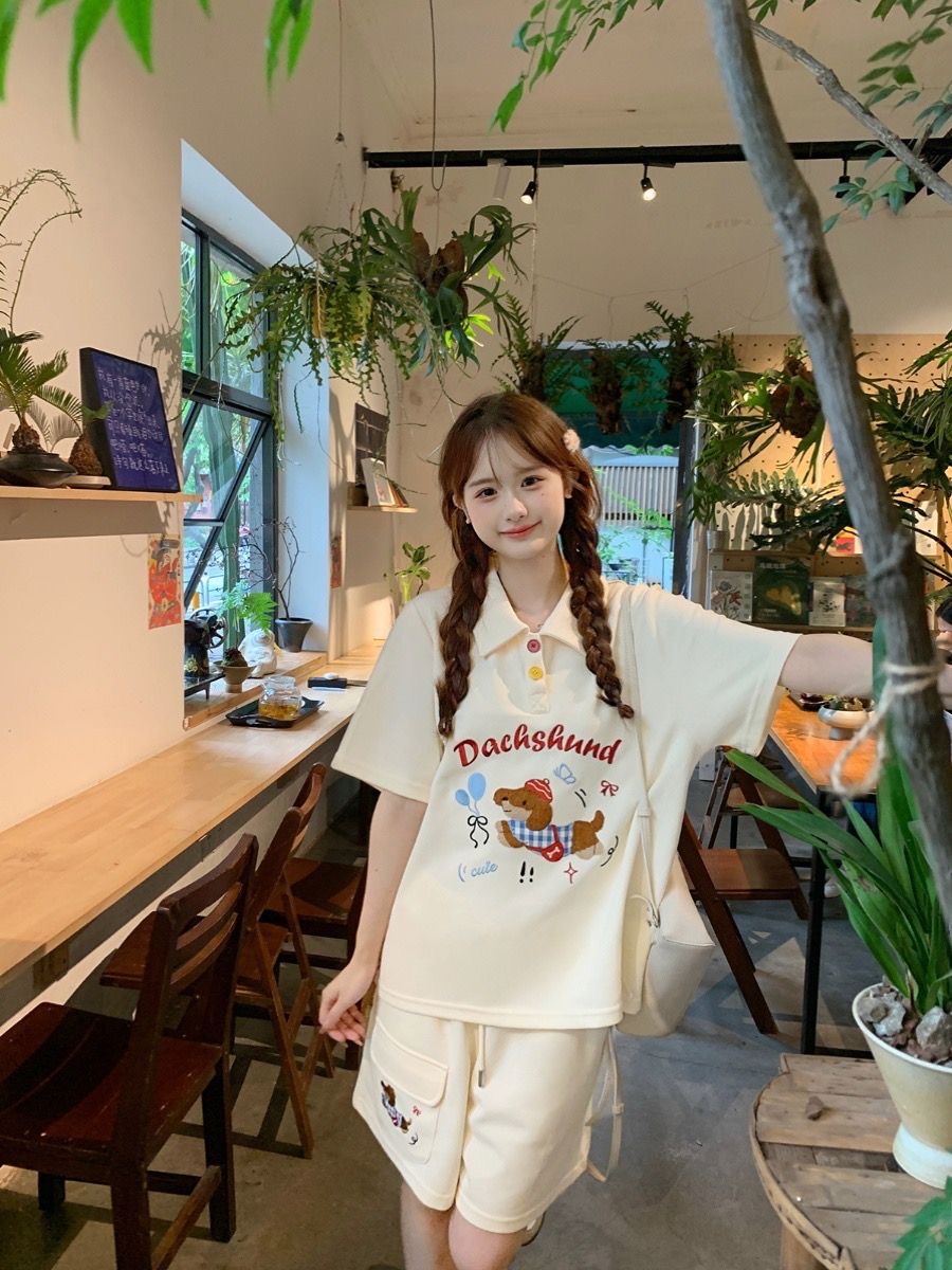 카와이 자수 개 일본 스타일 폴로 셔츠 2 피스 세트  - Japan Summer Clothing Women 리뷰 및 가격