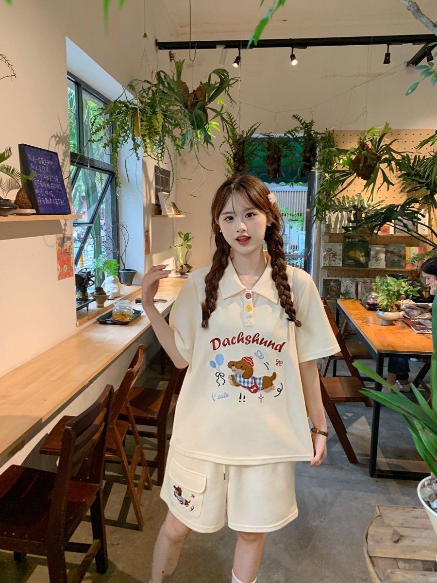 카와이 자수 개 일본 스타일 폴로 셔츠 2 피스 세트  - Japan Summer Clothing Women 리뷰 및 가격